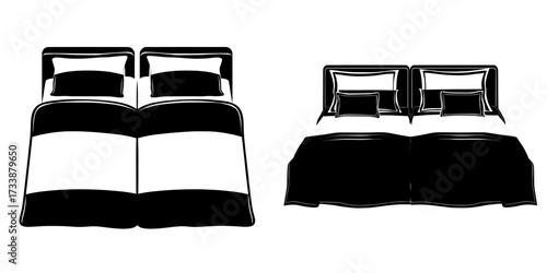 A 3D rendering of a double bed with black and white linen is viewed from the top, complete with a blank sheet, pillows, and duvet, resembling a modern king-size bed found in homes or hotels
