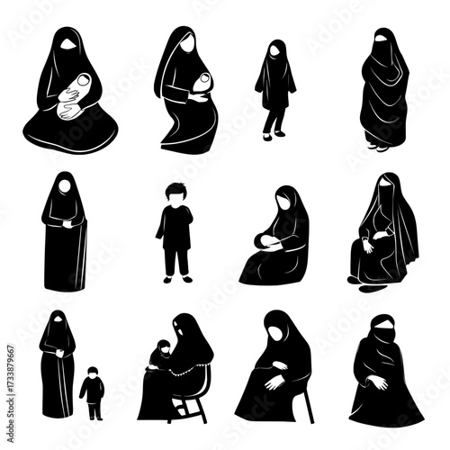 A Muslim female's life journey is characterized by multiple phases, including infancy, childhood, teenage years, motherhood, maturity, and elderly age, illustrated in a linear flat modern style