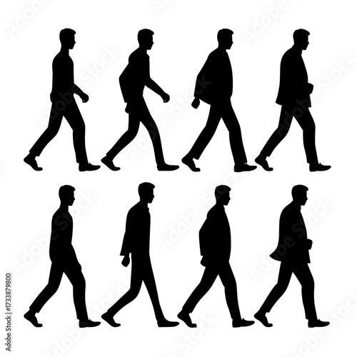 The sequence of a man walking is depicted in a cycle, shown as a modern flat illustration of a male character in various steps and postures
