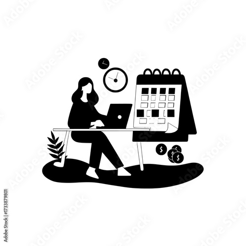 A modern illustration depicting a woman analyzing financial data on her laptop, planning monthly expenses with a calendar, and overseeing auditing and finance management, all within a flat design