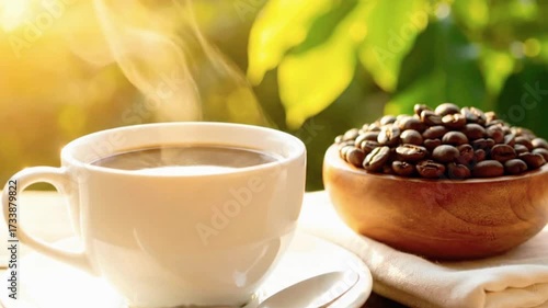 Steaming cup of rich black coffee and pile of roasted beans bathed in warm morning sunlight, perfect for cafe promotions and cozy lifestyle content.