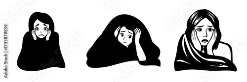 A girl character with an introversion disorder hides under a blanket, experiencing fear, fright, depression, and other mental problems like schizophrenia and neurological and psychological sickness,
