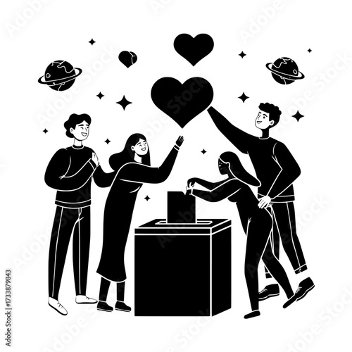 The concept of charity and community assistance is represented by people donating money, bringing coins, and offering hearts to a donation box, alongside a modern illustration of volunteer characters