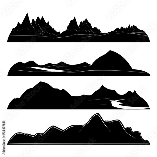 A modern abstract landscape set featuring polygonal mountain illustrations is presented in a minimalistic style with simple flat design elements, evoking concepts of hiking, travel, and discovering