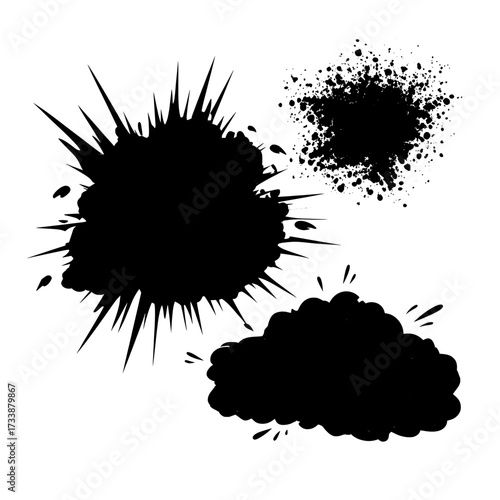 The combination of charcoal powder and a coal sand explosion results in a modern 3D set featuring black sandy clouds, dry grainy stains or strokes, dirty smoke, and isolated design elements, all