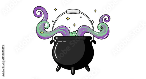 A black cauldron with bubbling green liquid and swirling purple and green tentacles, surrounded by magical sparkles.