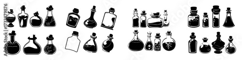 A set of cartoon glass containers, including bottles, jars, vials, and flasks, filled with various colored liquids resembling magical potions, elixirs, or poisons, all on a blue background