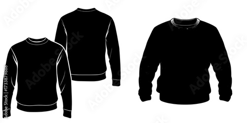 The template showcases a long sleeve sweatshirt with a modern flat sketch, including both front and back views, suitable for designing fleece jersey sweatshirts or sweaters for men's and boys'
