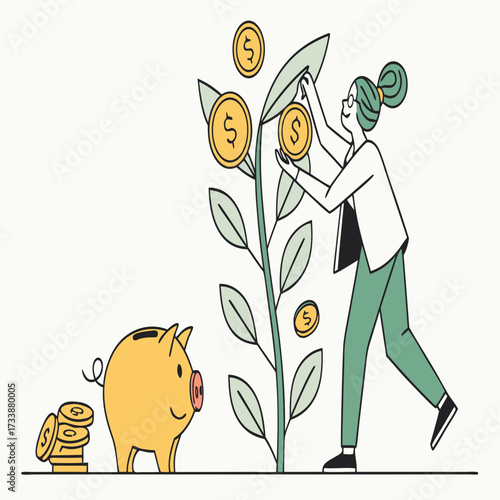 Woman tending to money plant next to piggy bank coins