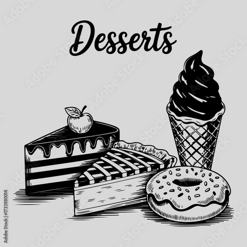 A hand-drawn illustration of various sweet desserts including a slice of cake, pie, donut, and ice cream cone