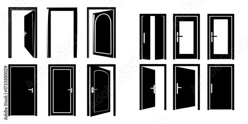 A collection of door icons is available, featuring open, closed, and ajar doors in a variety of styles