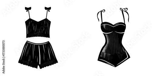 Women and teen girls can find a nightwear set featuring a lace cami and shorts in a flat sketch format within an editable modern file