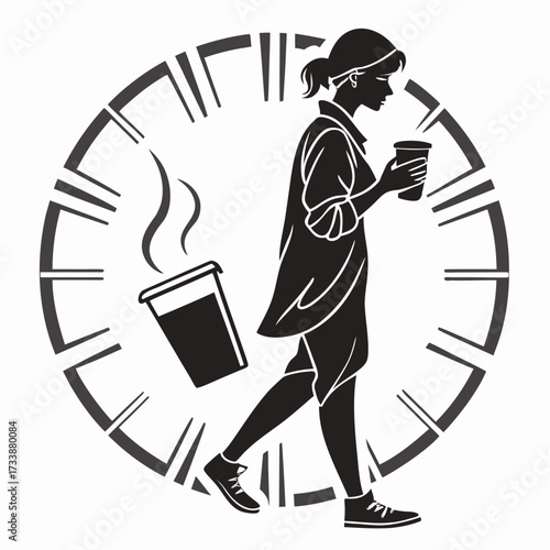 Woman walking with coffee cup inside clock face graphic