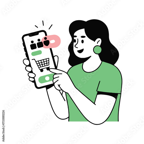 Vector art of a woman is happily shopping online using her smartphone, with a shopping cart icon on the screen, she is excited about the purchase