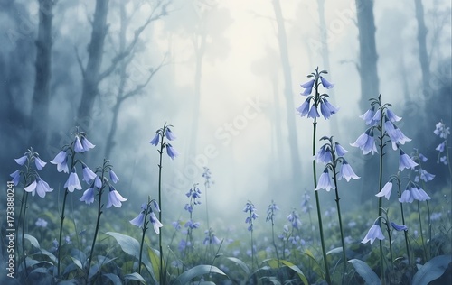 Ethereal Bluebell Whispers in Misty Woodland Glow