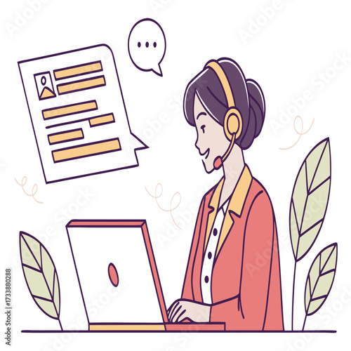 Woman with headset works on laptop near document and leaves