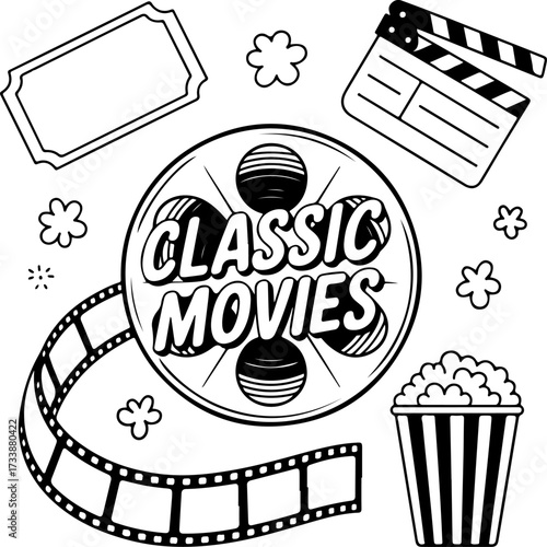 Retro movie night with classic film reel, popcorn, ticket, and clapperboard illustration
