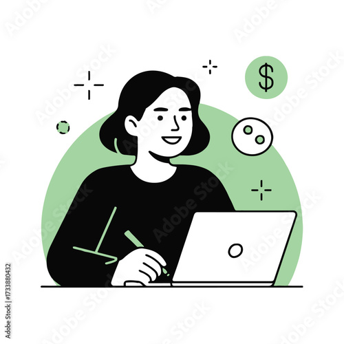 Vector art of a woman is happily working on her laptop, with a dollar sign floating above, she is excited about the income
