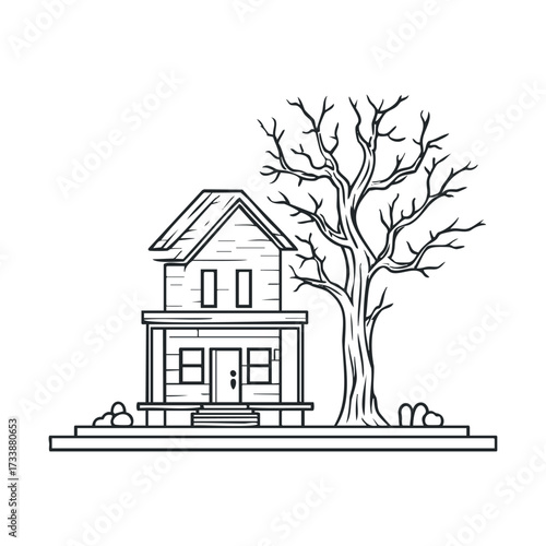 Classic house with a bare tree in a desolate landscape scene. Vector hand drawn illustration

