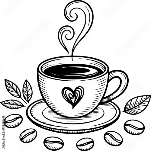 Steaming Cup of Coffee with Heart and Beans - Hand-Drawn Illustration