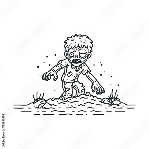Zombie emerging from the ground in a spooky setting for Halloween. Vector hand drawn illustration

