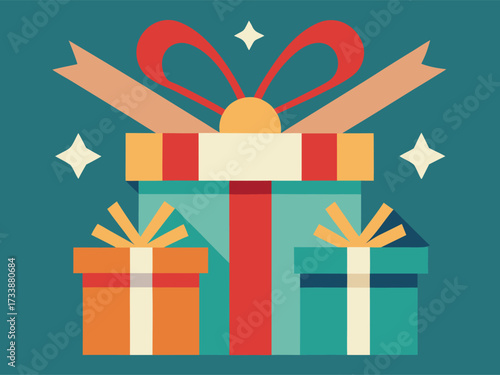 Three colorful gift boxes with ribbons and stars on a teal background