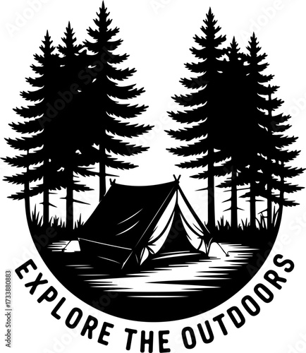 Vintage camping emblem with a tent in a pine forest by the lake. Outdoor adventure vector logo design