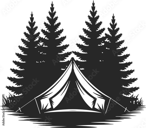 Vintage camping emblem with a tent in a dense pine forest silhouette for outdoor adventure club logo