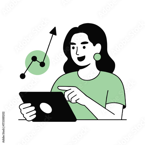 Vector art of a woman analyzing data on a tablet, with a graph showing an upward trend she is wearing a green shirt and earrings