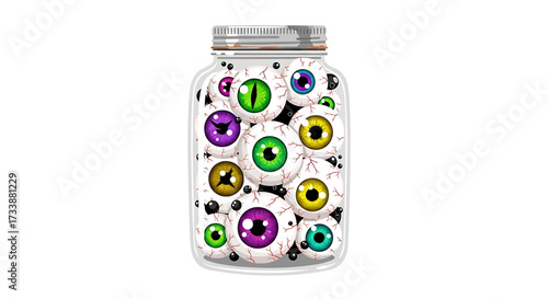 A clear glass jar filled with a variety of colorful, cartoonish eyeballs, a Halloween theme.