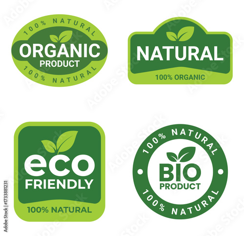 Set of eco friendly icons. Ecologic food stamps. Organic natural food labels.