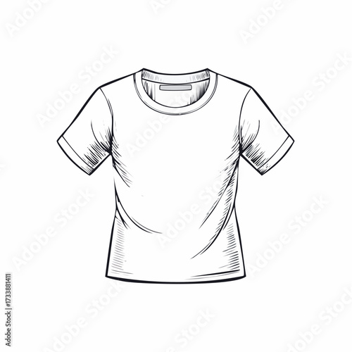 A detailed black and white line art sketch of a blank, plain crew neck t-shirt, isolated on a white background.