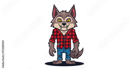 A cartoon illustration of a werewolf character wearing a red plaid shirt and blue jeans.