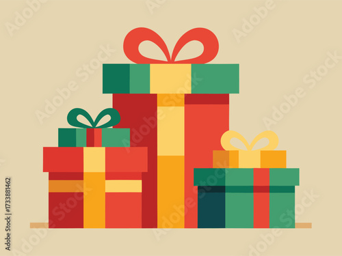 Stack of colorful gift boxes with red and green ribbon and bows