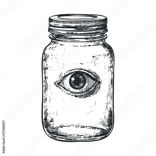 Mysterious glass jar with eye design for creative projects. Vector hand drawn illustration

