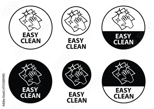 Easy clean icon set. Hand with napkin wiping a surface. Housekeeping symbol. Easy clean logo, label, badge, symbol, banner, circle, black, line, vector, isolated illustration. Cleaner service logo.