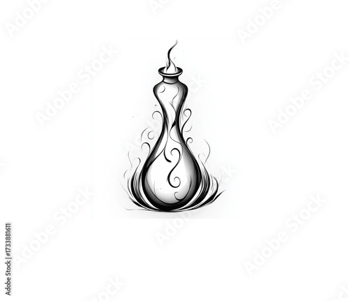 Ornate potion bottle illustration, black and white, representing magic and enchantment with copy space