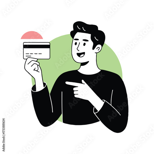 Vector art of a man is holding a credit card, he is wearing a black shirt and has black hair he is pointing at the card with his finger