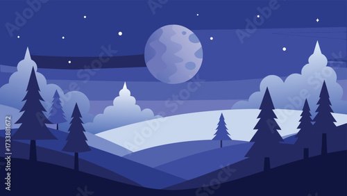 Stylized winter night landscape with a large moon and pine trees