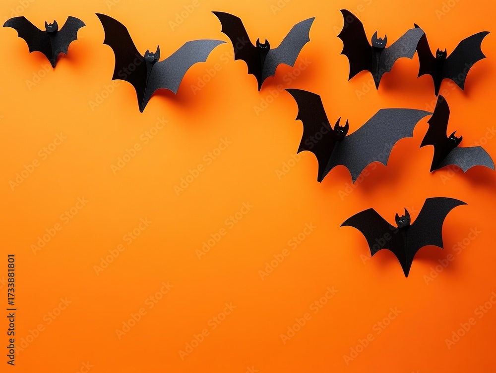Fototapeta premium Black paper bats on orange background Halloween flat lay concept with ample advertising space, top view of flying bat silhouettes for horror festival poster, party promotion, and seasonal marketing.