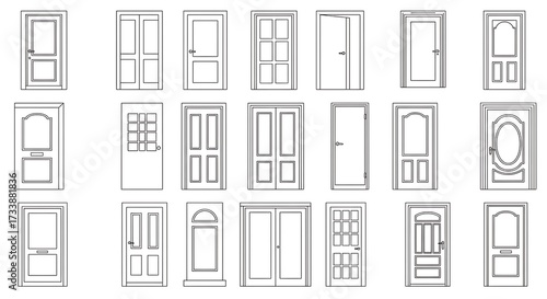 Collection of various door designs in monochrome line art illustration