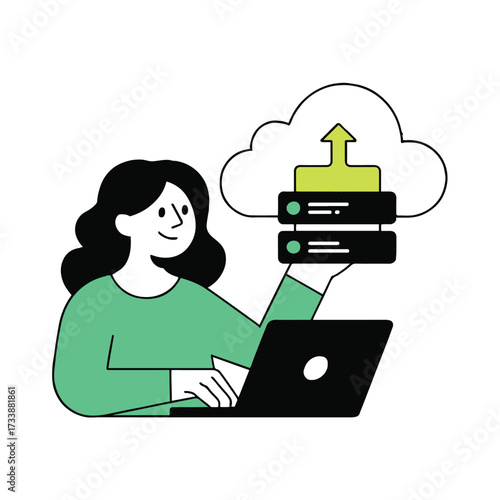 Vector art of a woman is working on a laptop with a cloud computing icon, she is wearing a green shirt and has black hair