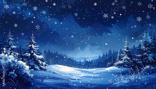 Serene Midnight Snowfall Over a Glistening, Blue-Hued Pine Forest.