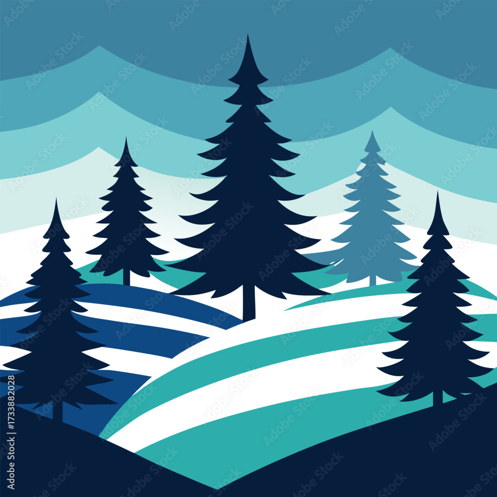 Obraz premium Stylized winter landscape with pine trees and rolling hills