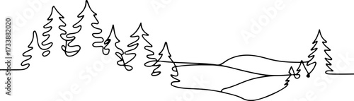 Minimalist continuous one line drawing of a pine tree forest on rolling hills. Simple nature landscape vector art illustration