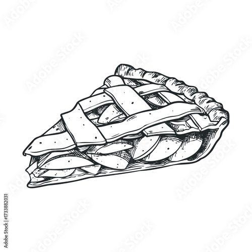 Delicious apple pie slice with decorative crust on a white plate. Vector hand drawn illustration

