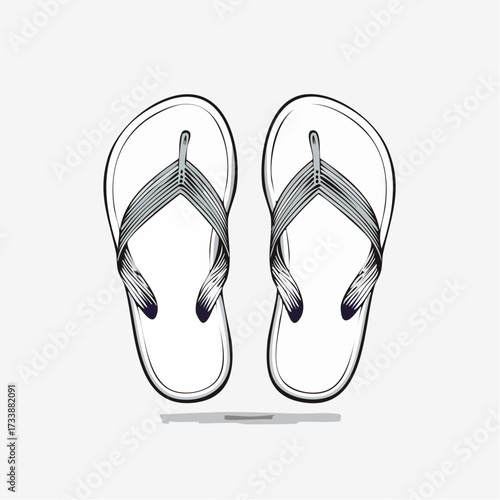 A detailed black and white line art illustration of a pair of flip-flop sandals viewed from above.