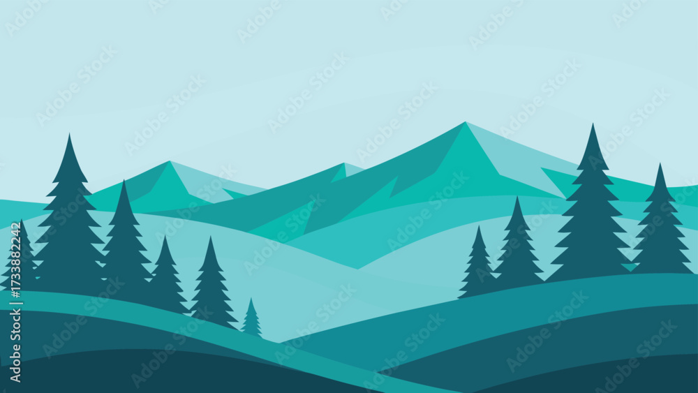 Fototapeta premium Abstract mountain range with pine trees and rolling hills