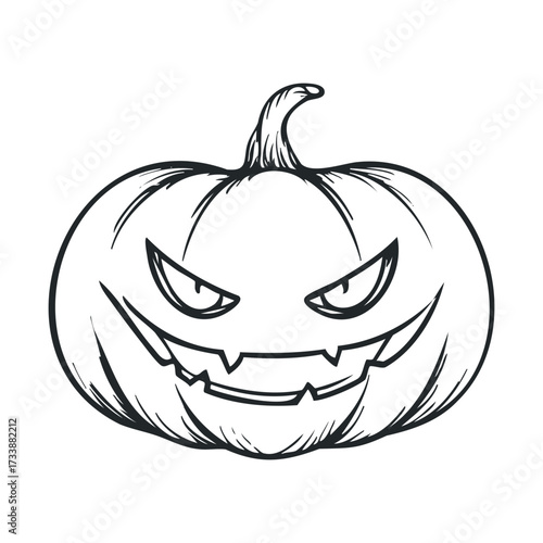 Spooky Halloween pumpkin with a sinister face for festive designs. Vector hand drawn illustration

