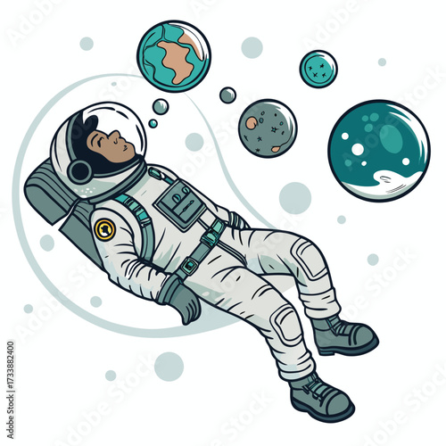 Astronaut dreaming of planets and space exploration in zero gravity.